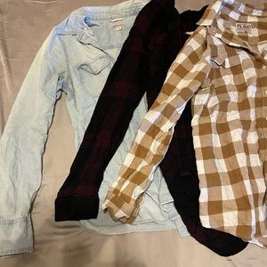 Button up Shirt Bundle - chambray shirt & 2 plaid shirts